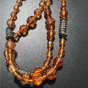 Vintage Amber Faceted Glass Opera Length Single Strand Beaded Necklace Brass